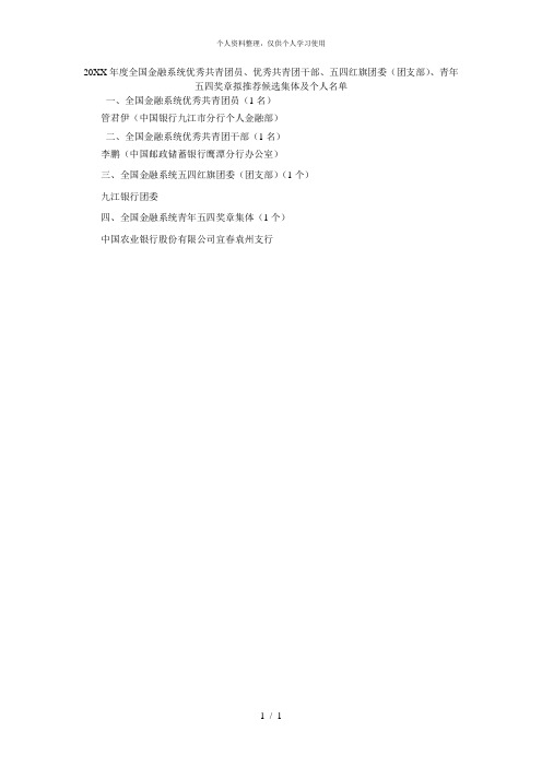 年度全国金融系统优秀共青团员、优秀共青团干部、五四