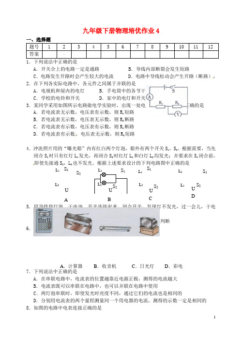 九年级物理下学期培优作业4(无答案) 苏科版