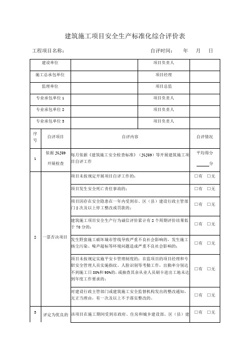 建筑施工项目安全生产标准化综合评价表