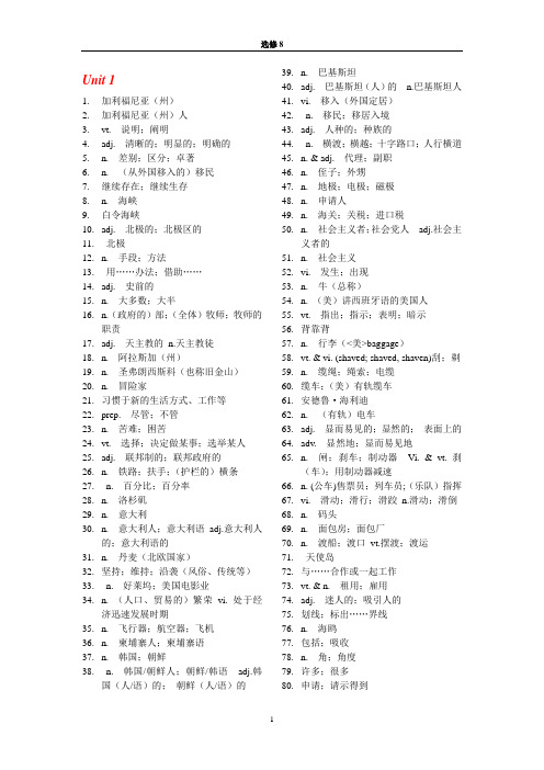 人教版高中英语选修8词汇表--汉语