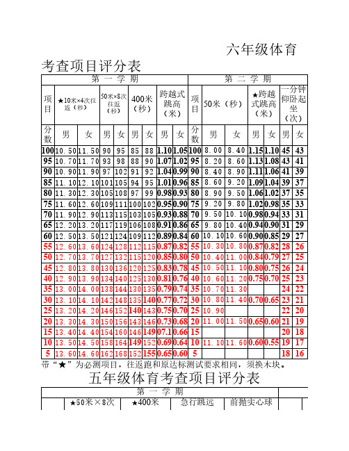 小学体育体能期末考核评分    标准