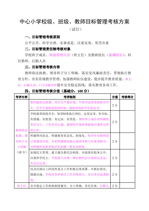 中心小学校级、班级、教师目标管理考核方案