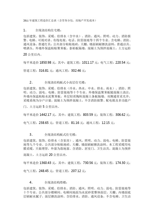 2011年建筑工程造价汇总表