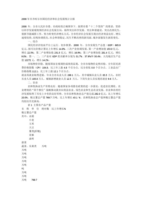 2008年齐齐哈尔市国民经济和社会发展统计公报