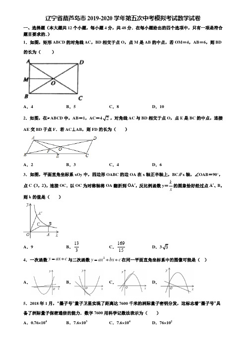 辽宁省葫芦岛市2019-2020学年第五次中考模拟考试数学试卷含解析