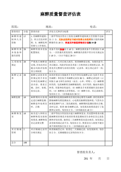 麻醉质量督查评估表