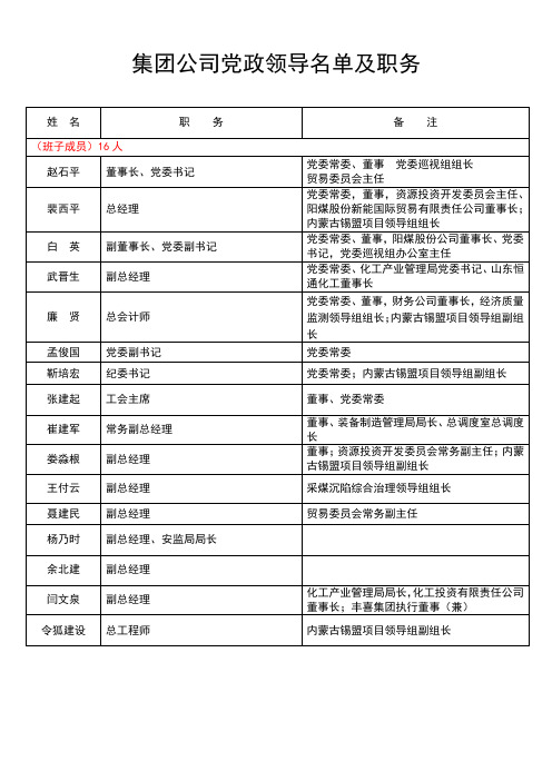 最新集团公司党政领导名单及职务(新排名)