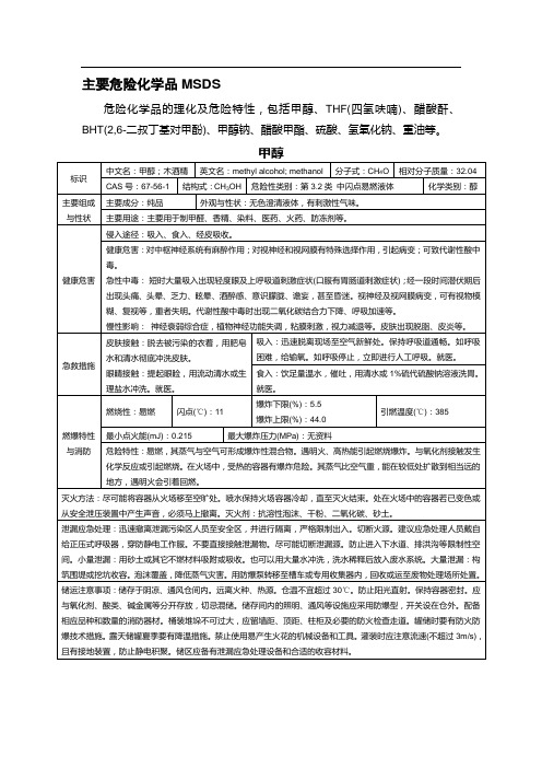 工厂常见主要危险化学品MSDS
