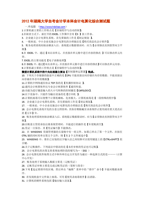 2012年湖南大学自考会计学本科会计电算化综合测试题