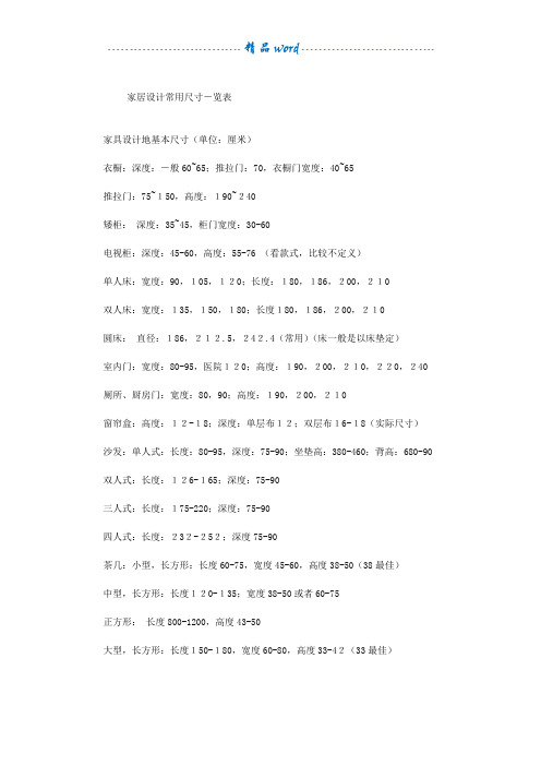 家具设计常用尺寸一览表