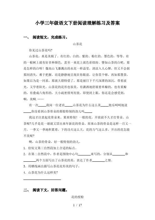 小学三年级语文下册阅读理解练习及答案