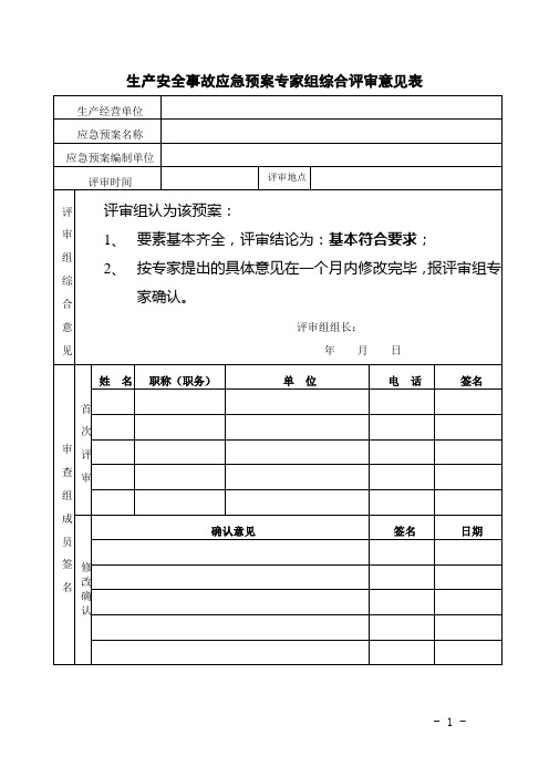 生产安全事故应急预案专家组综合评审意见表