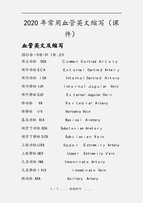 2020年常用血管英文缩写(课件)