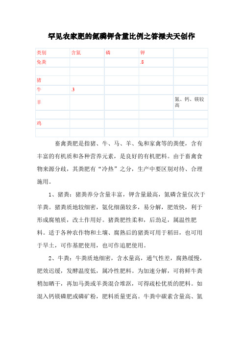 常见农家肥的氮磷钾含量比例