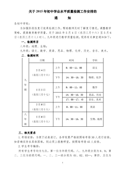 关于2015年初中学业水平质量检测工作安排的通知