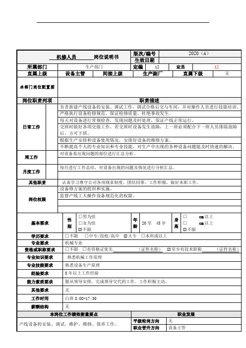口罩车间机修人员岗位说明书