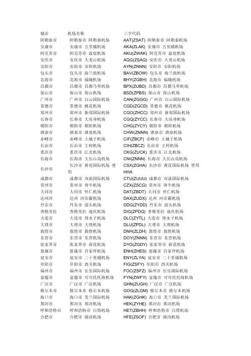 全国机场代码 及机场名称