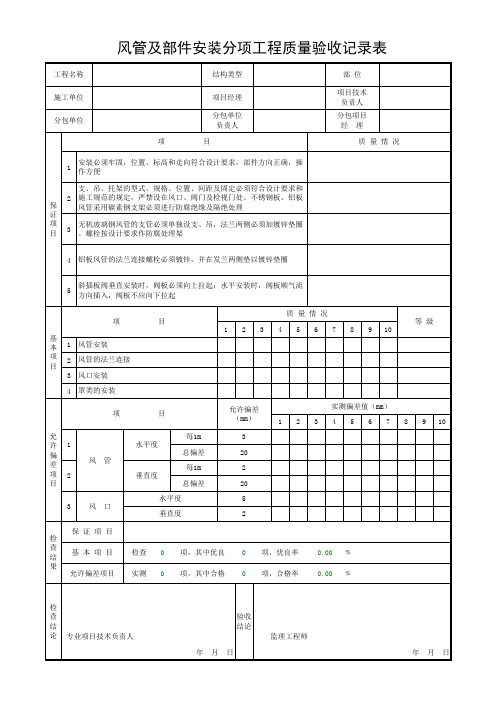 人防表格：风管及部件安装分项工程质量验收记录表