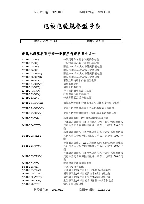电线电缆规格型号(全部)之欧阳美创编