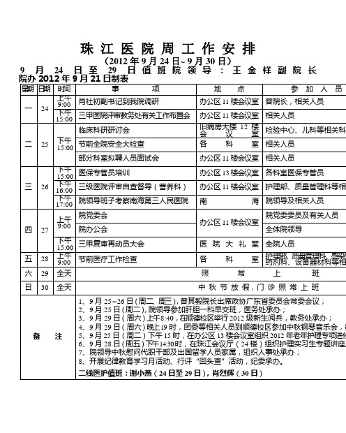 珠 江 医 院 周 工 作 安 排 表 - 南方医科大学珠江医院唯一官方
