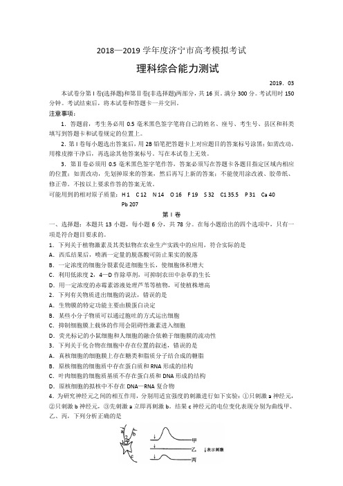 山东省济宁市2019届高三第一次模拟考试生物试题 Word版含答案