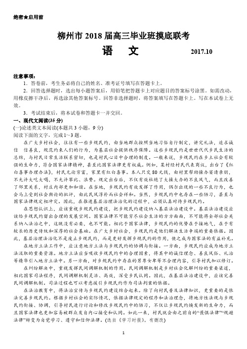 柳州市2018届高三毕业班摸底联考语文试题(含答案)(2017.10)