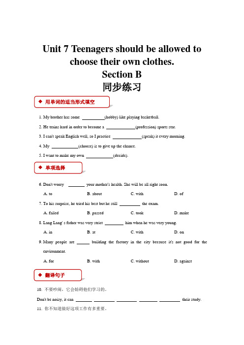 初中人教版英语九年级全册【同步练习】 Unit 7 Section B