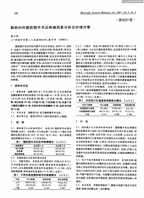 影响妇科腹腔镜手术后疼痛因素分析及护理对策