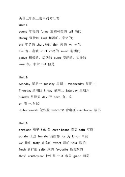 英语五年级上册单词词汇表