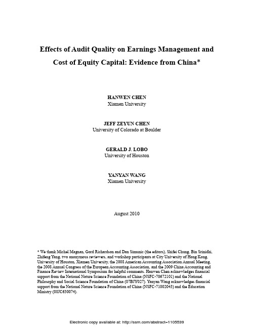 Effects of Audit Quality on Earnings Management and Cost of Equity Capital Evidence from China