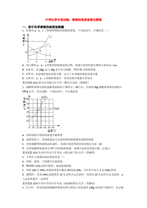 中考化学专项训练：溶液的浓度易错自测卷