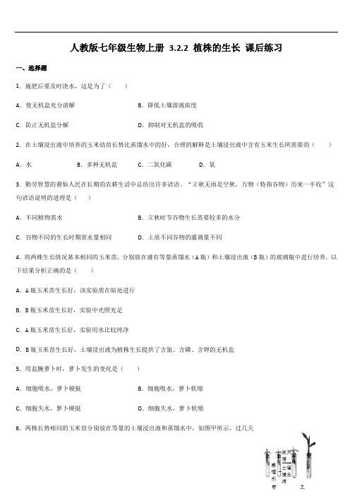 人教版七年级生物上册 3.2.2 植株的生长 课后练习