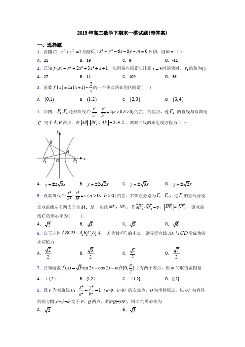 2019年高三数学下期末一模试题(带答案)