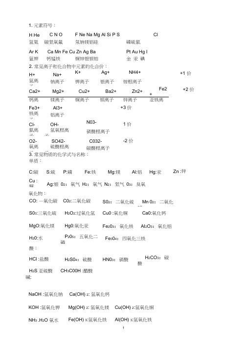 (完整版)初中化学必背化学式大全