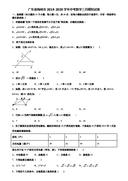 广东省梅州市2019-2020学年中考数学三月模拟试卷含解析