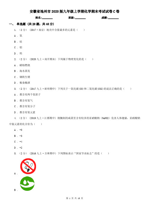 安徽省池州市2020版九年级上学期化学期末考试试卷C卷