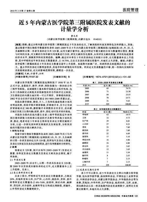 近5年内蒙古医学院第三附属医院发表文献的计量学分析