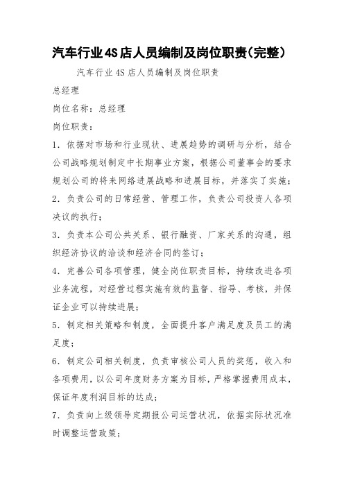 汽车行业4S店人员编制及岗位职责(完整)