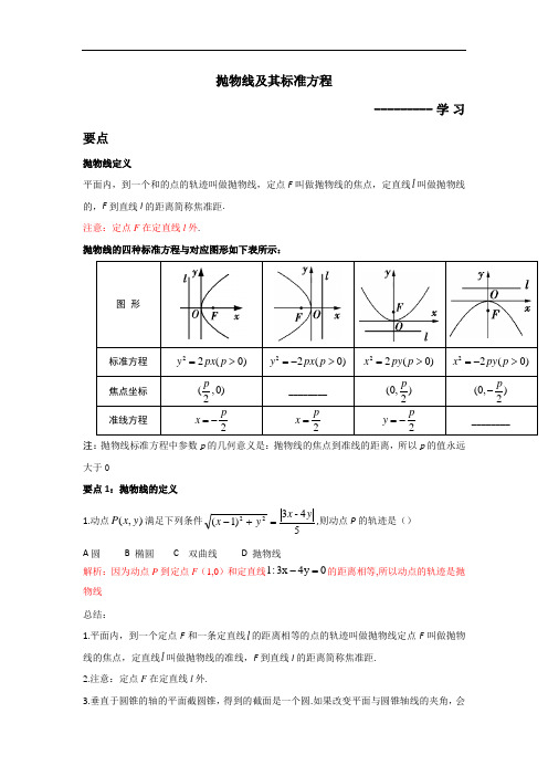 人教A版高中数学选修1-1 2-3-1 抛物线及其标准方程 素