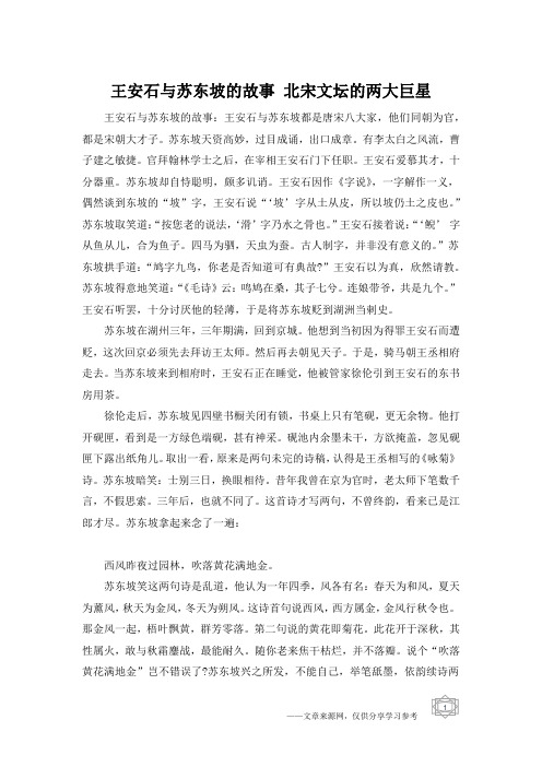王安石与苏东坡的故事 北宋文坛的两大巨星