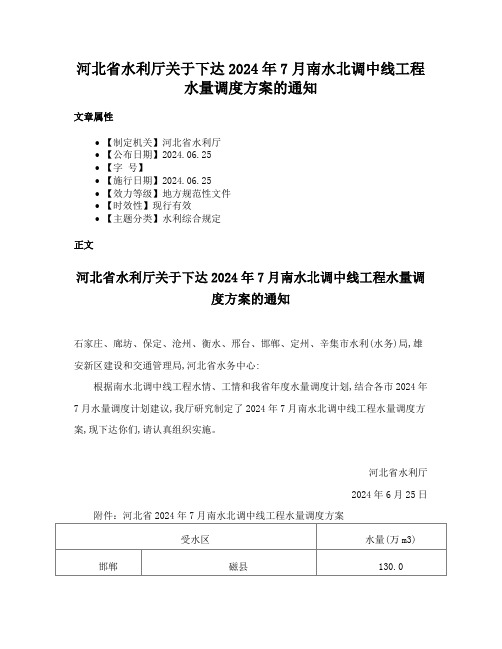 河北省水利厅关于下达2024年7月南水北调中线工程水量调度方案的通知