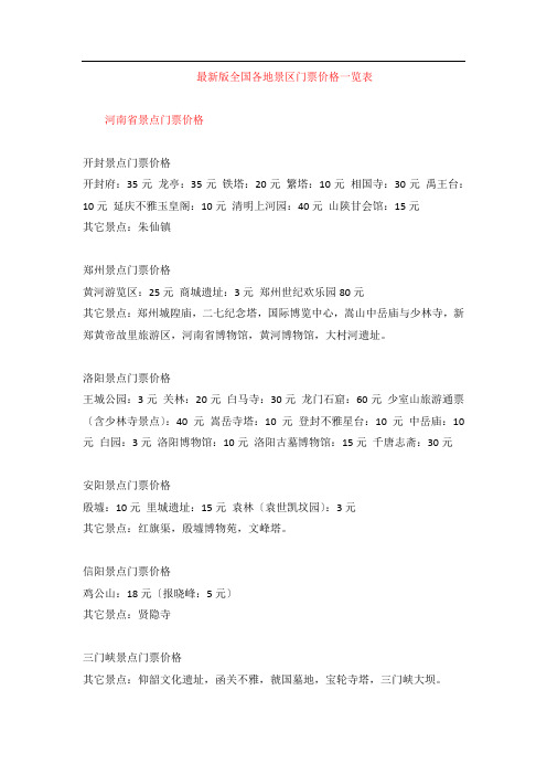 最新版全国各地景区门票价格一览表