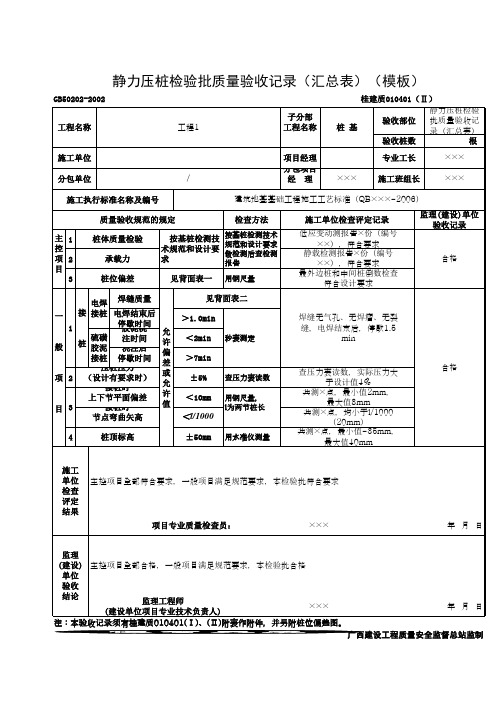 静力压桩检验批质量验收记录(汇总表)(模板)