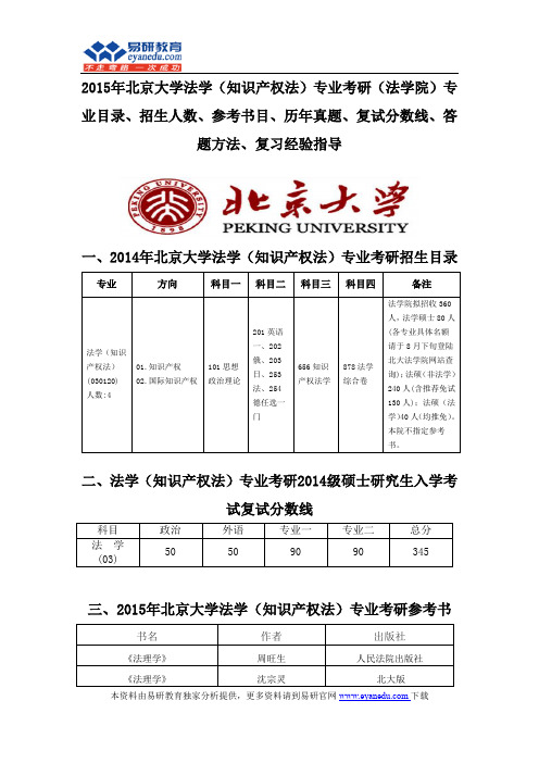 2015北京大学知识产权法专业考研(法学院)专业目录招生人数参考书目历年真题复试分数线答题方法