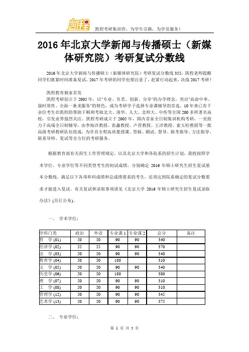 2016年北京大学新闻与传播硕士(新媒体研究院)考研复试分数线