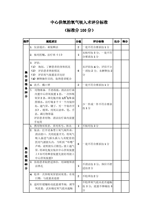 中心供氧的氧气吸入术评分标准