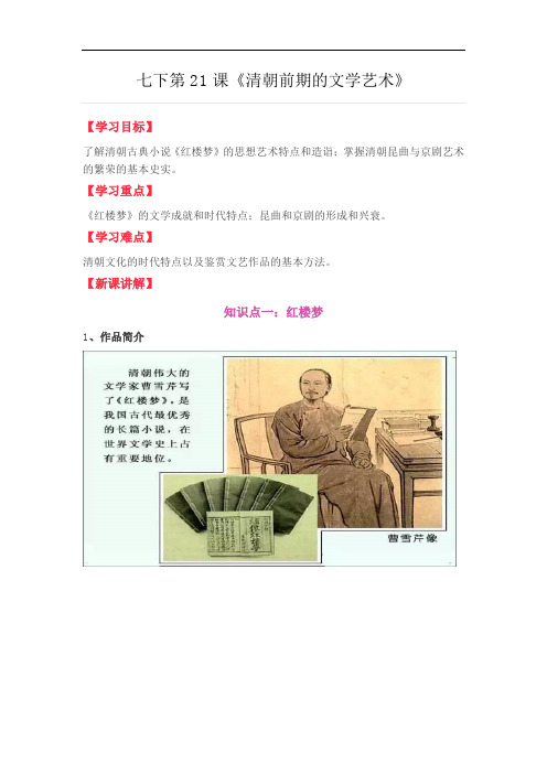 人教版七下第21课《清朝前期的文学艺术》教案
