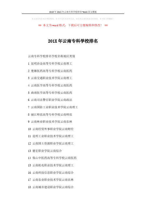 2019年201X年云南专科学校排名-word范文模板 (2页)