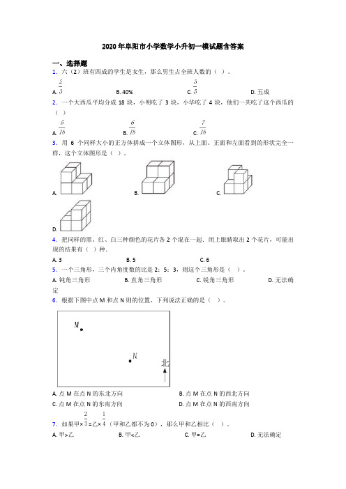 2020年阜阳市小学数学小升初一模试题含答案