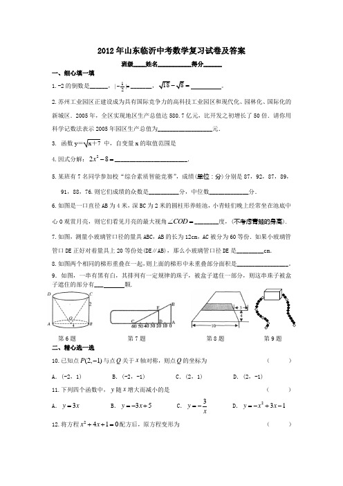 山东临沂中考数学复习试卷及答案